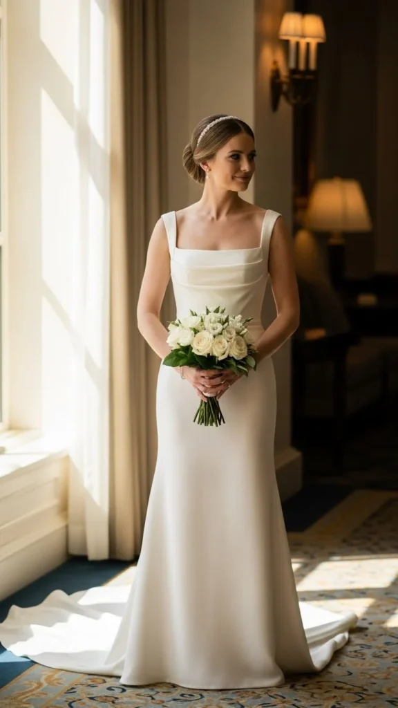 11. Modern Square-Neck Satin Dress