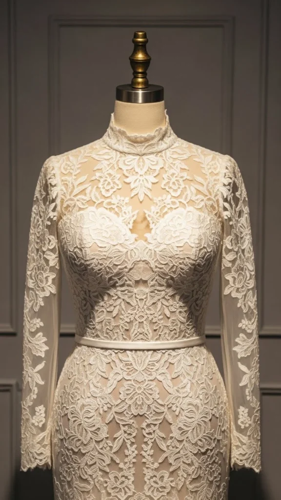 9. Regal High-Neck Gown With Lace Overlay