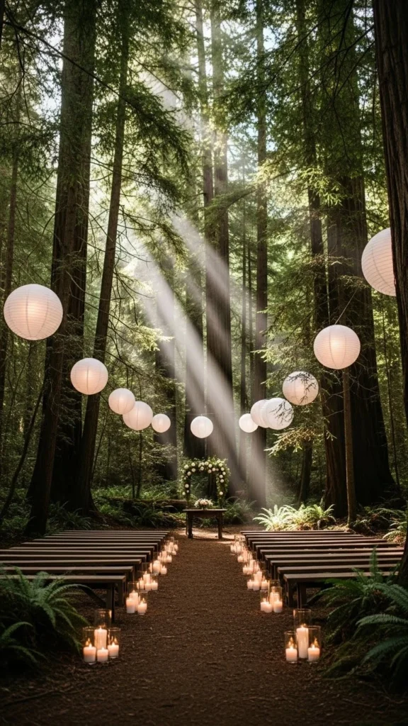 1. Forest Ceremony with Hanging Lanterns