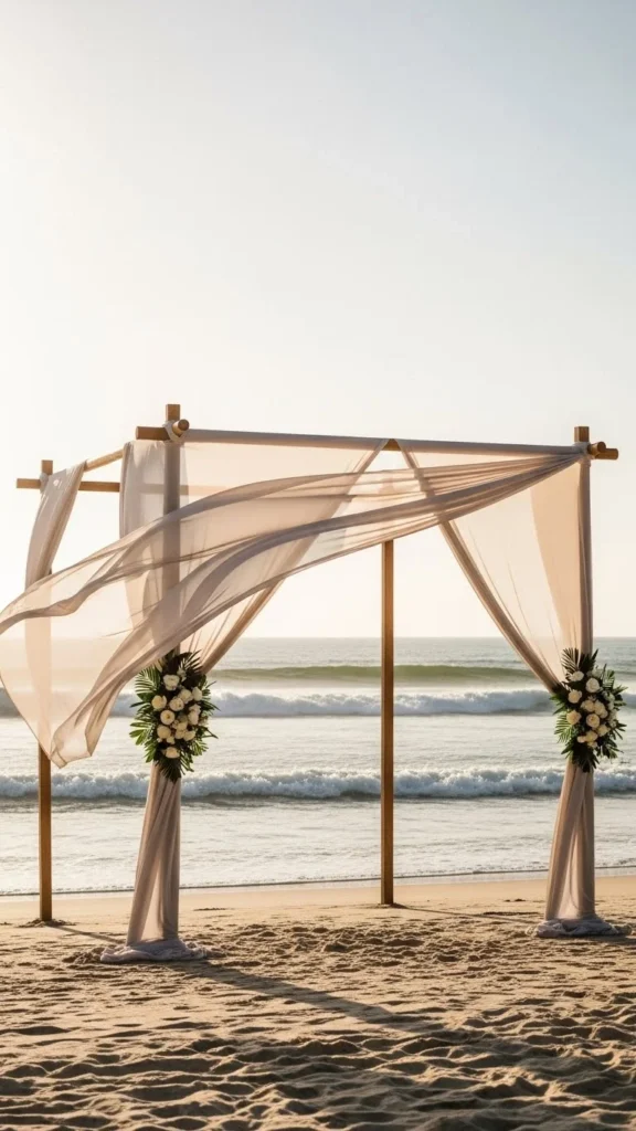 1. Simple Wooden Arch with Flowing Fabric