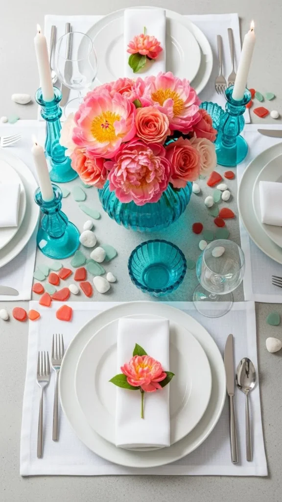 13. Coral, Turquoise, and White