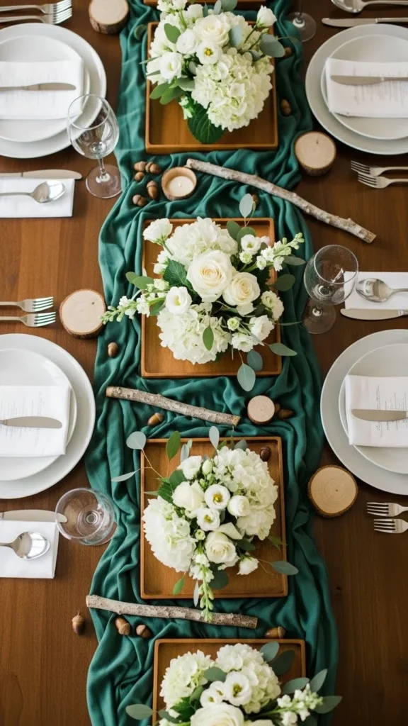 17. Forest Green, White, and Wood Tones