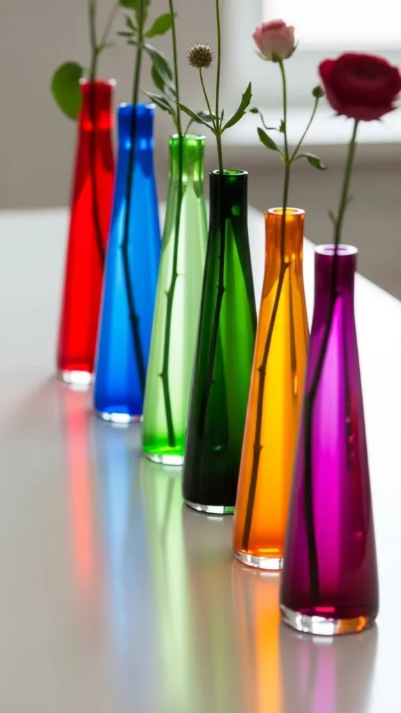 19. Colored Glass Vases with Single Stems