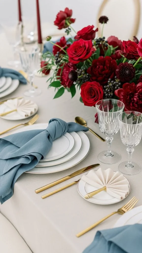 20. Maroon, Dusty Blue, and Cream