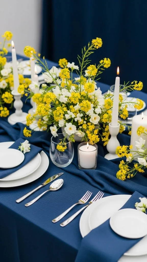 21. Mustard, Navy, and White