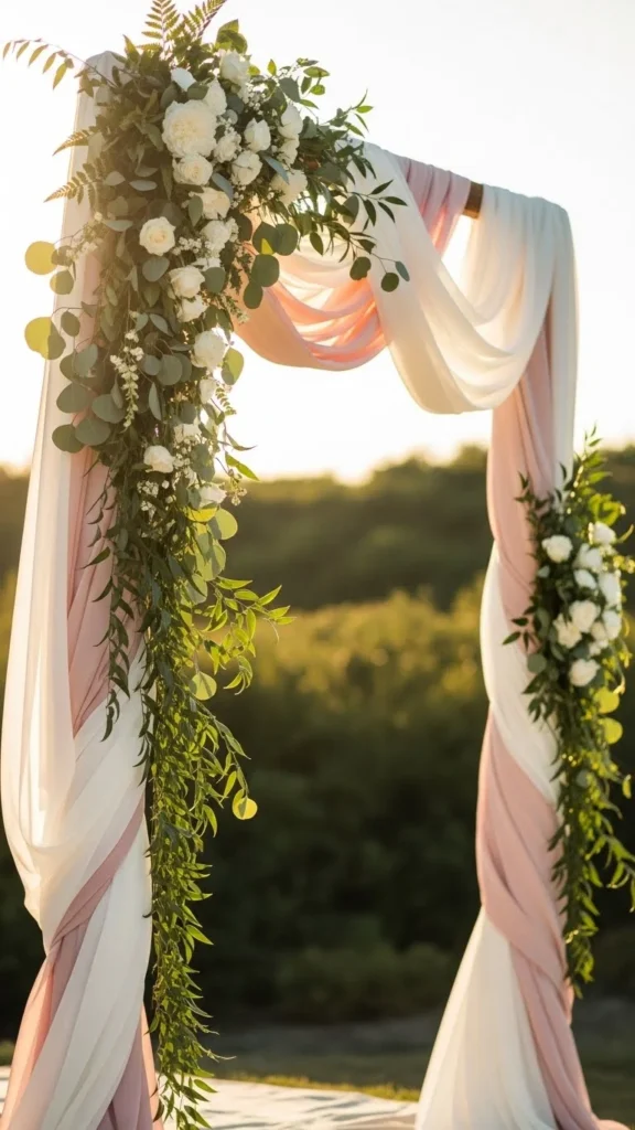 23. Fabric and Greenery Spiral Arch