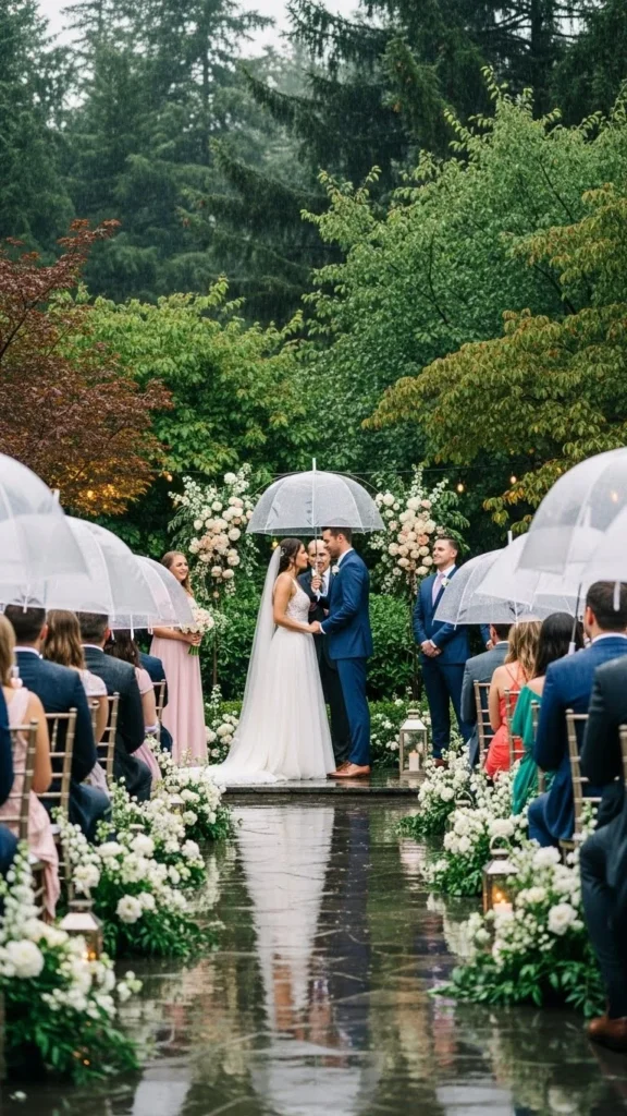 24. Rain-Friendly Outdoor Wedding with Clear Umbrellas