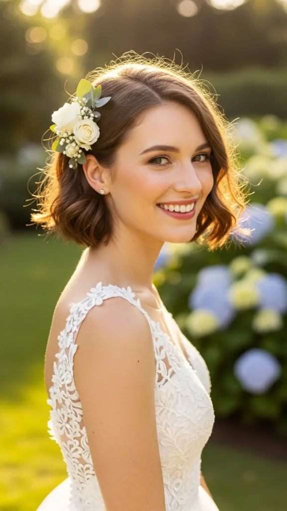 9. Short Hair with Floral Clip