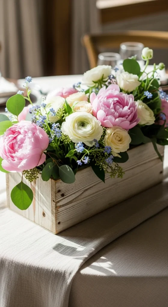 10. Wooden Boxes with Garden Flowers