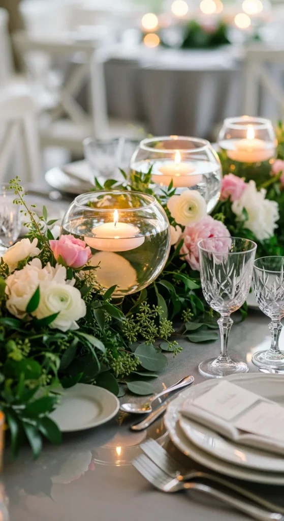 2. Floating Candles with Spring Greenery