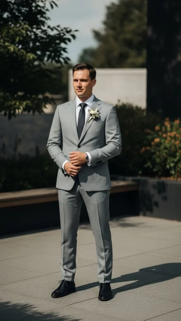 3. Light Gray Suit for Daytime Weddings