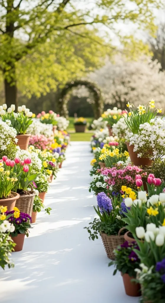 8. Potted Blooms Along the Aisle