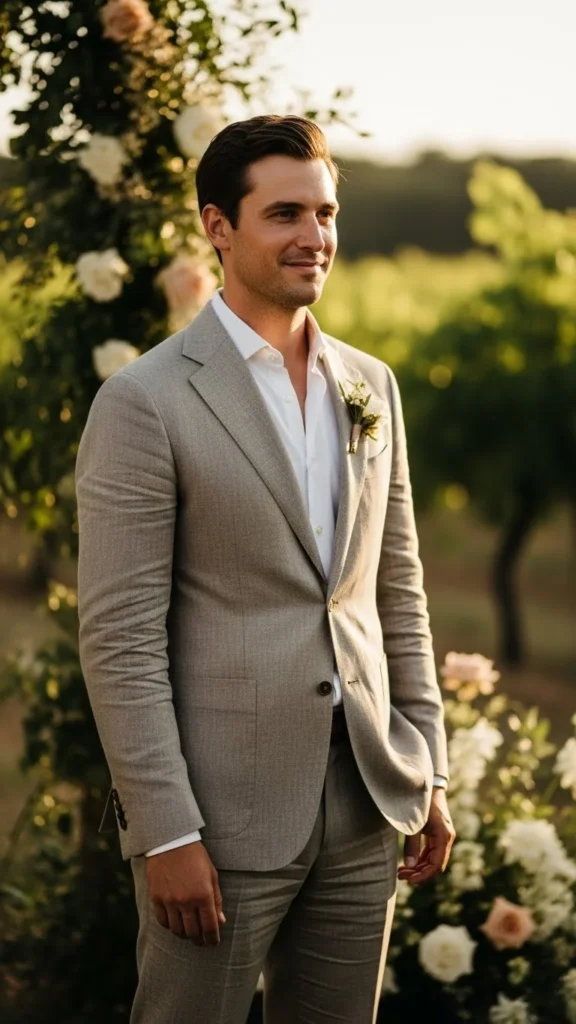 9. Neutral Linen Suit for Warm Weather