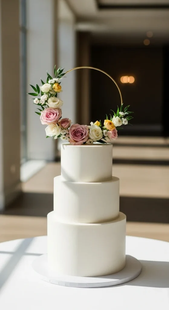 20. Simple White Cake with Floral Hoop