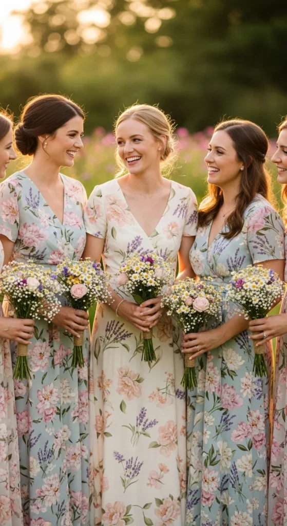 3. Floral-Printed Bridesmaid Dresses