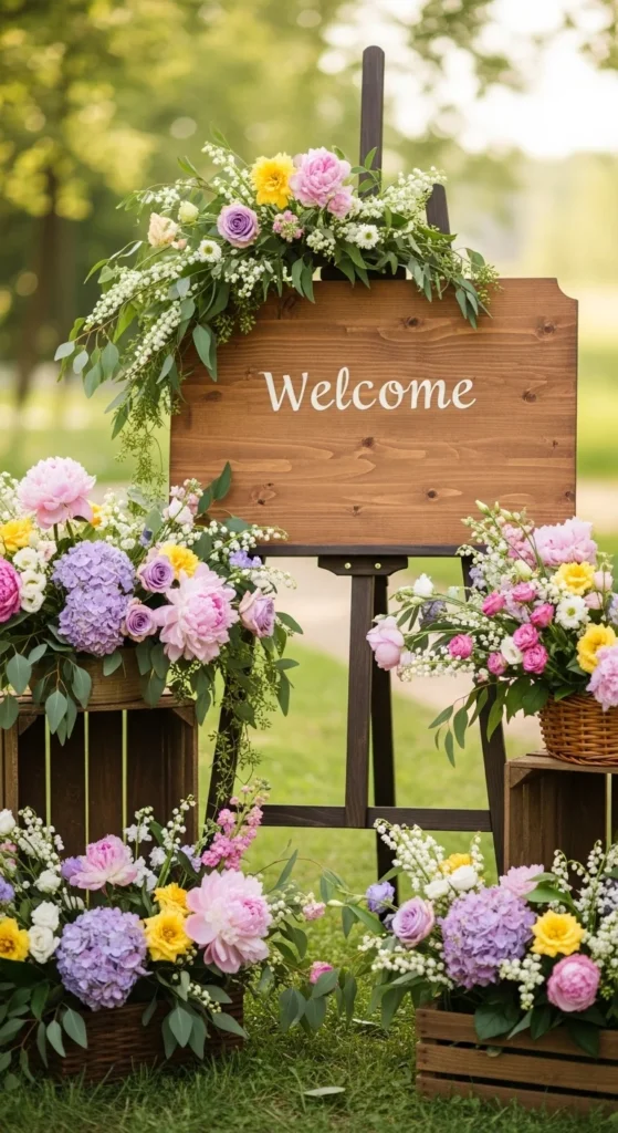 3. Flower-Filled Welcome Sign Area